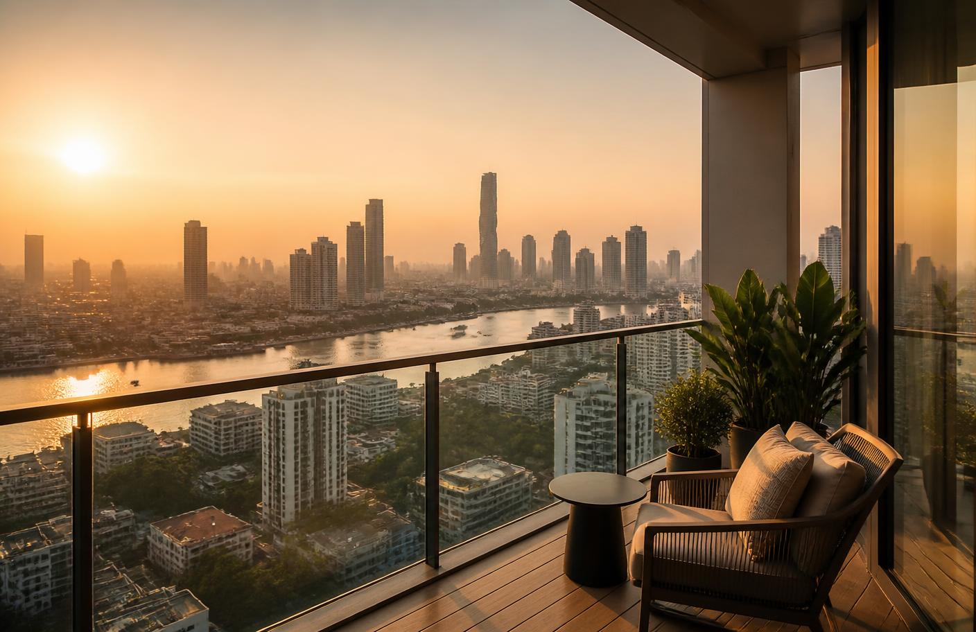 Bangkok skyline at sunset seen from a condominium balcony