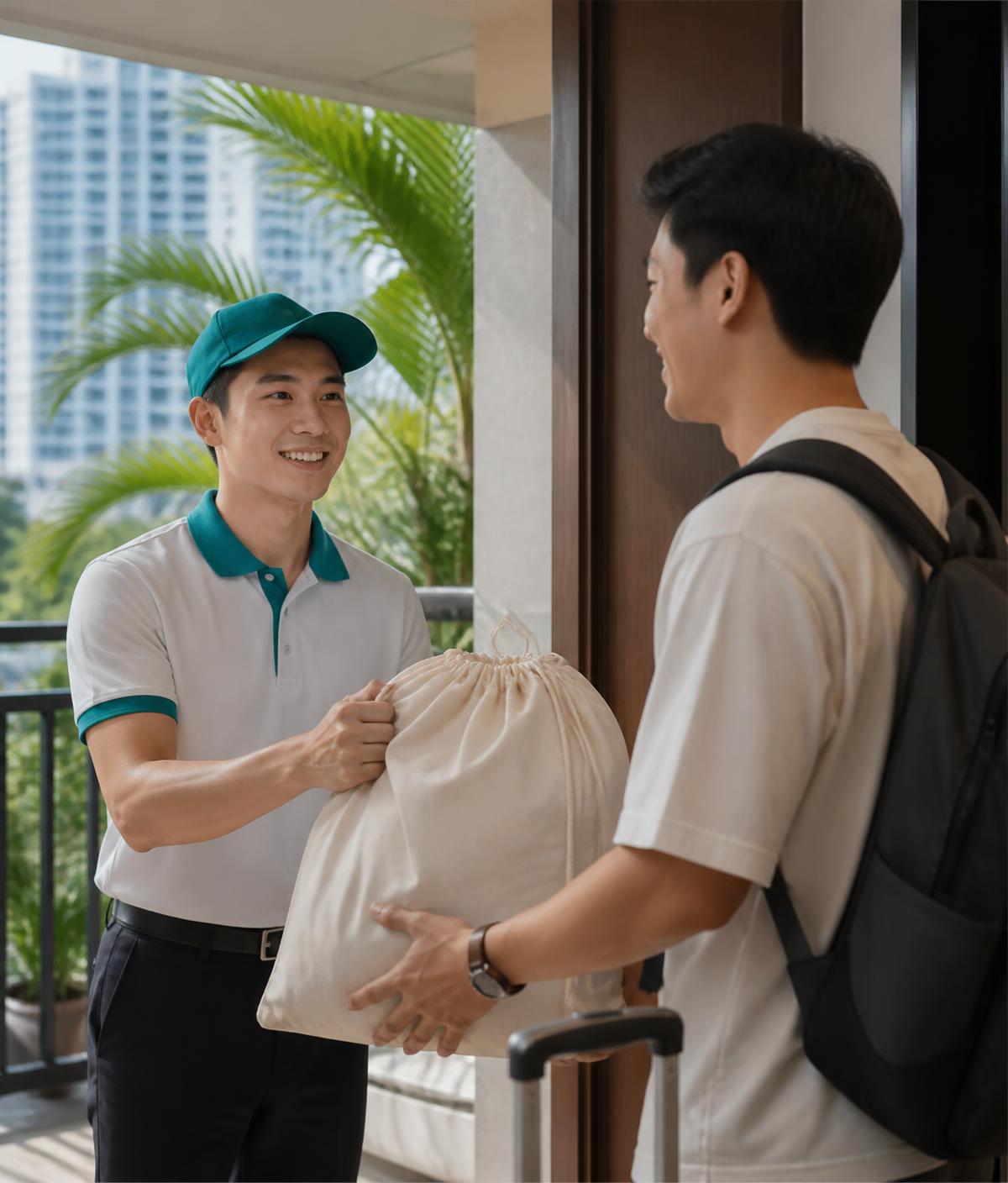 HolidayWash courier collecting a laundry bag from a guest at a Bangkok condo